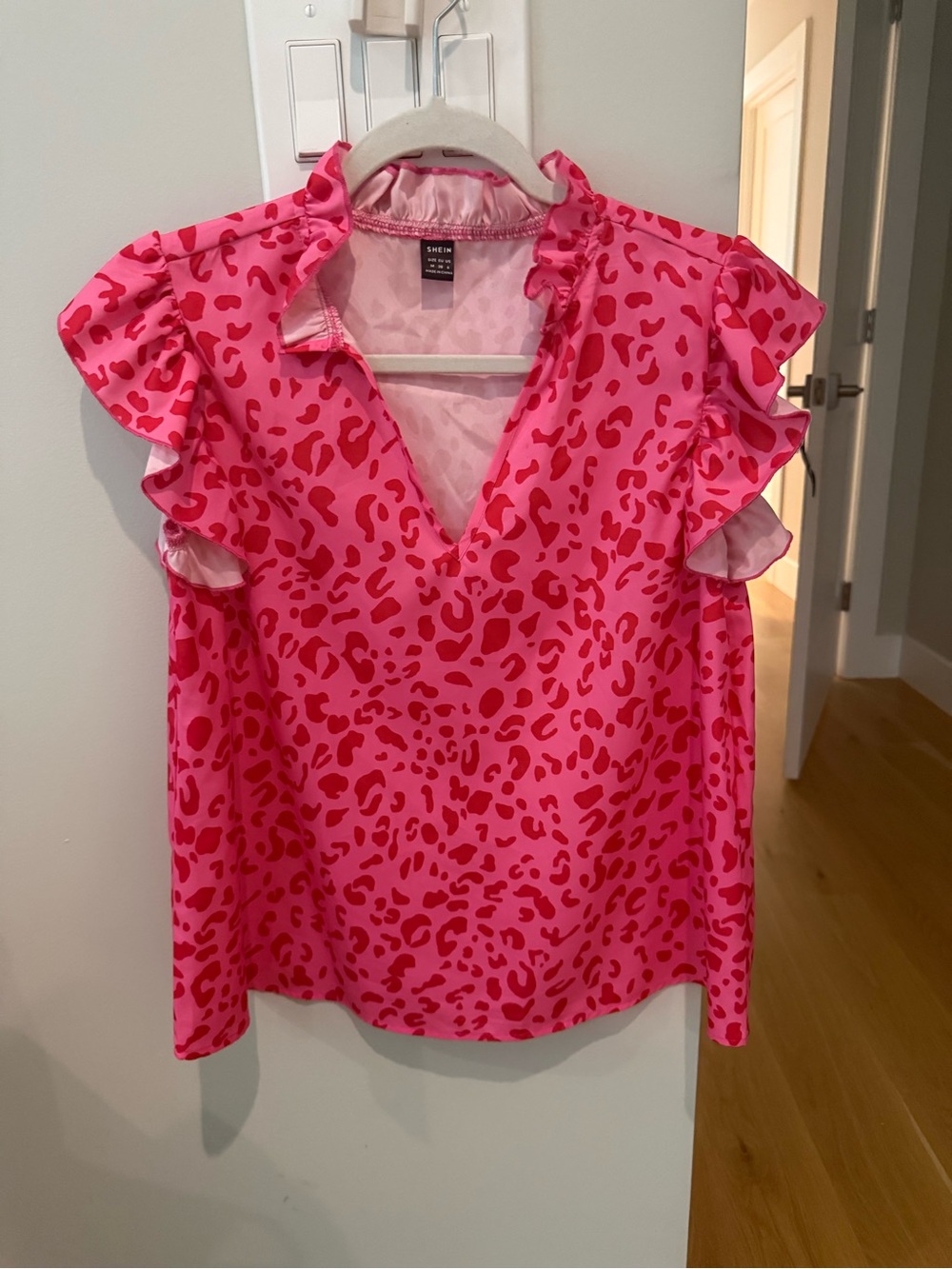 SHEIN Hot Pink Leopard-Print Ruffle Sleeve V-Neck Blouse